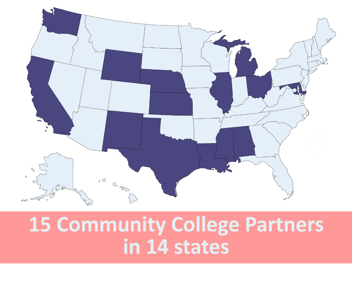 Map highlighting the 14 states with community college partners.