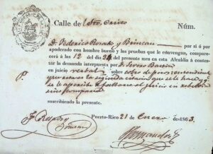 Citación de D. Federico Rosado y Brincau para asistir a un juicio verbal en la Alcaldía de San Juan, 21 de enero de 1863, FMSJ, ESP, Legajo 179, AGPR.
