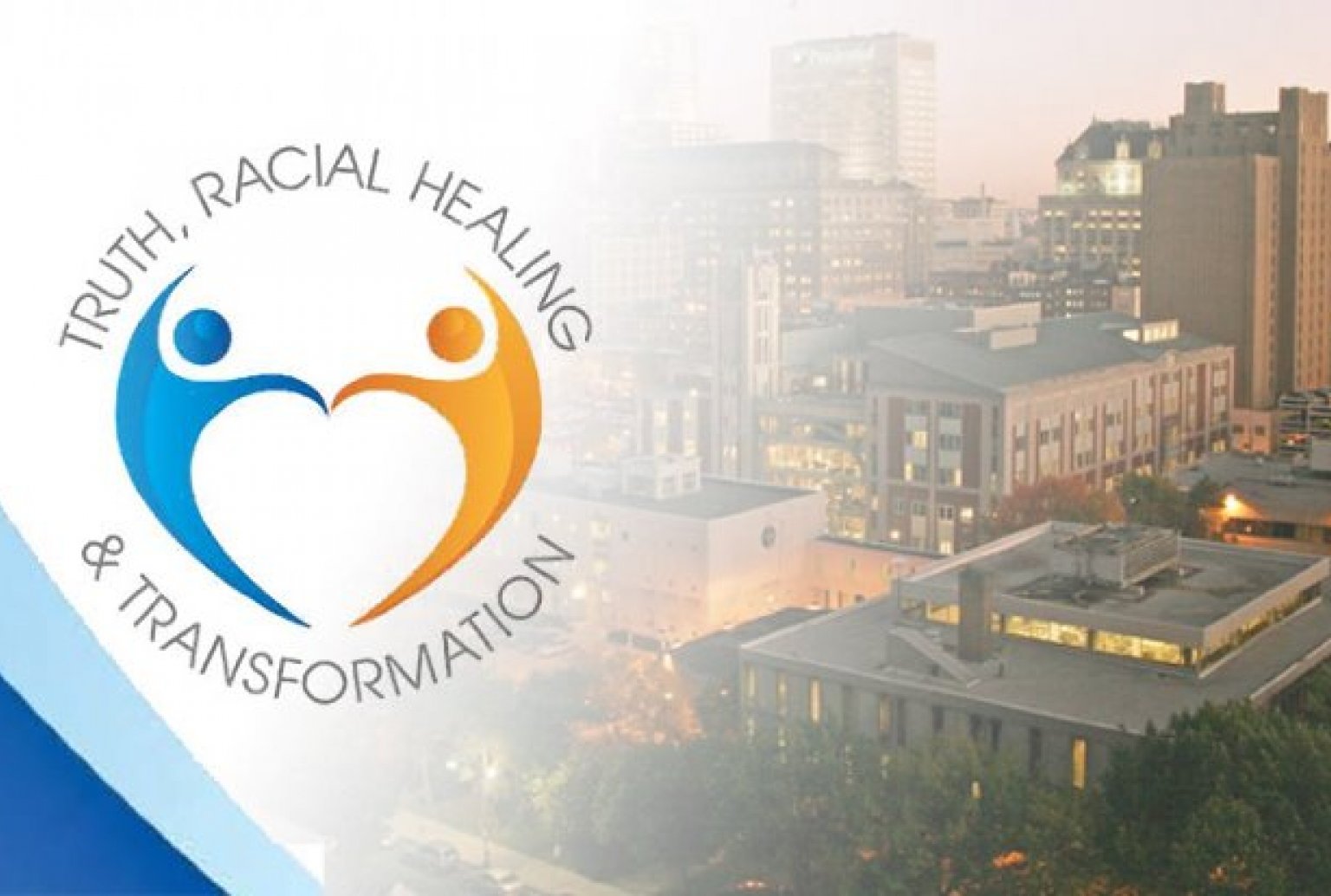 Truth Racial Healing Transformation logo in foreground with Rutgers Newark Campus Skyline in the Background