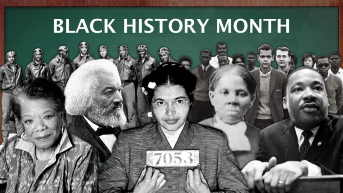 dozens of african american figures stand underneath the words Black History Month. Among these figures: Maya Angelou, Frederick Douglass, Rosa Parks, and Martin Luther King, Jr.