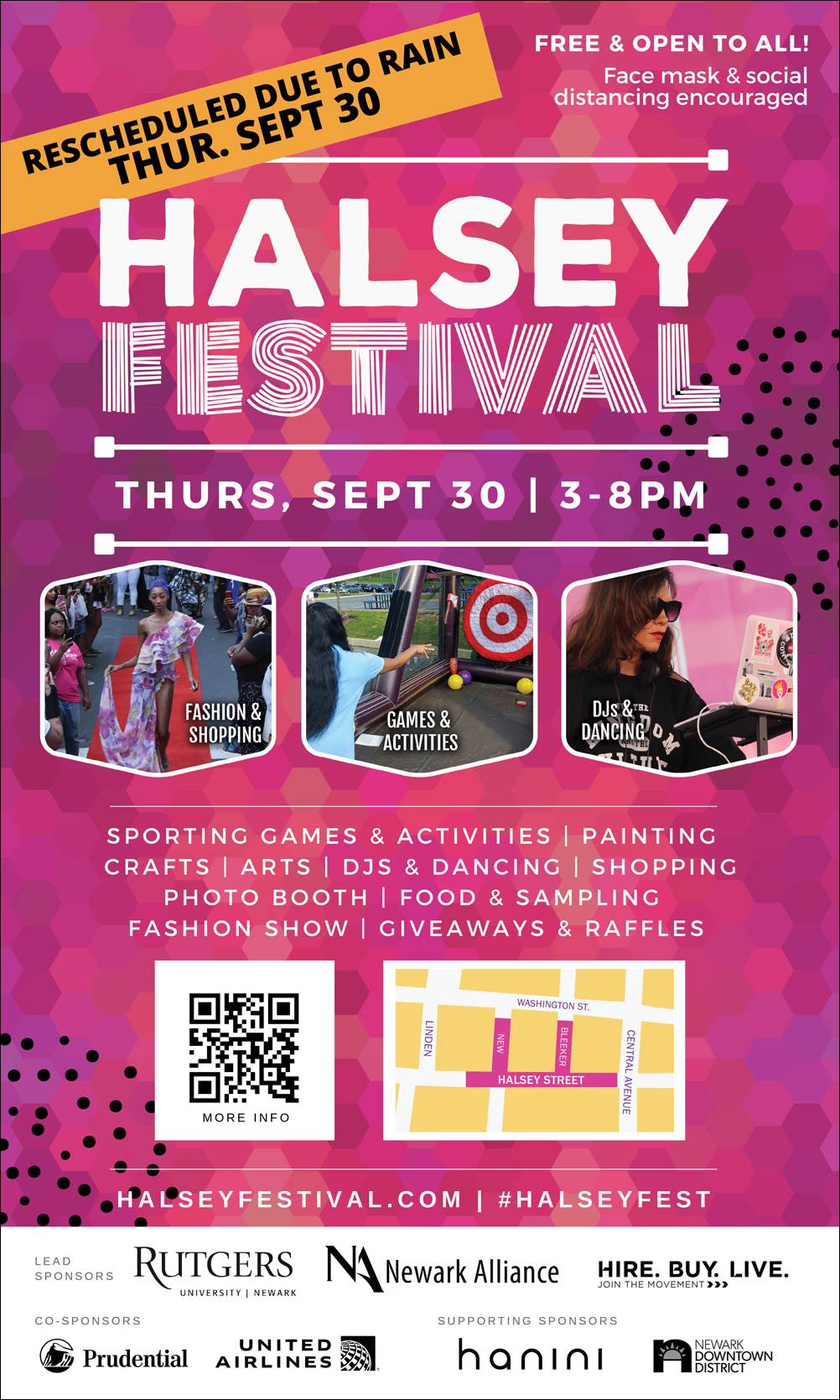 Halsey Street Festival Announcement Graphic with sponsors listed at the bottom, photos in hexagons showing people playing games and music as well as showing off fashion
