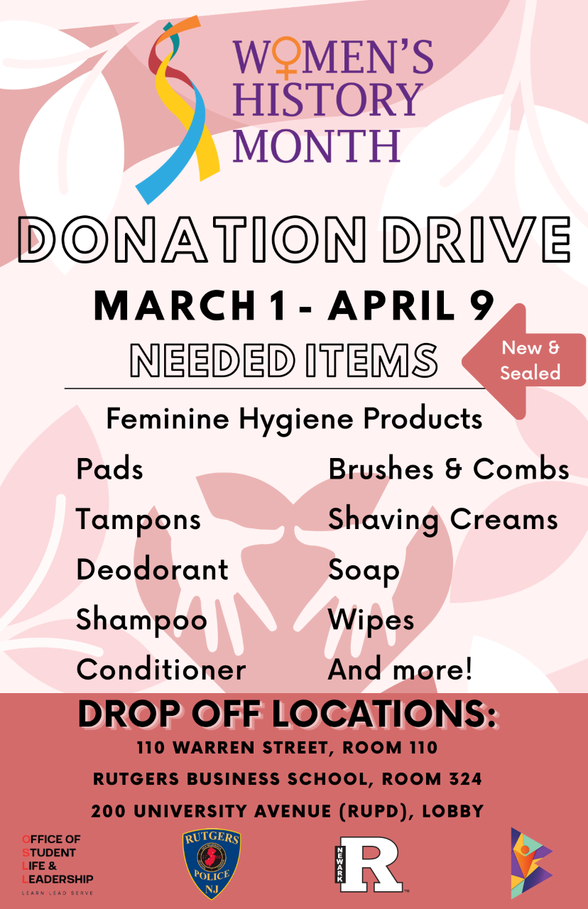 Flyer for Women's History Donation Drive with lists of feminine hygiene products and drop off locations.