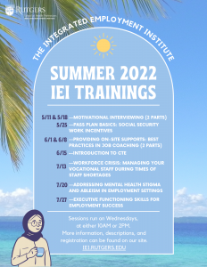 List of upcoming trainings for the Integrated Employment Institute's Summer 2022 Session.