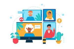 Illustration of people in a virtual video call.